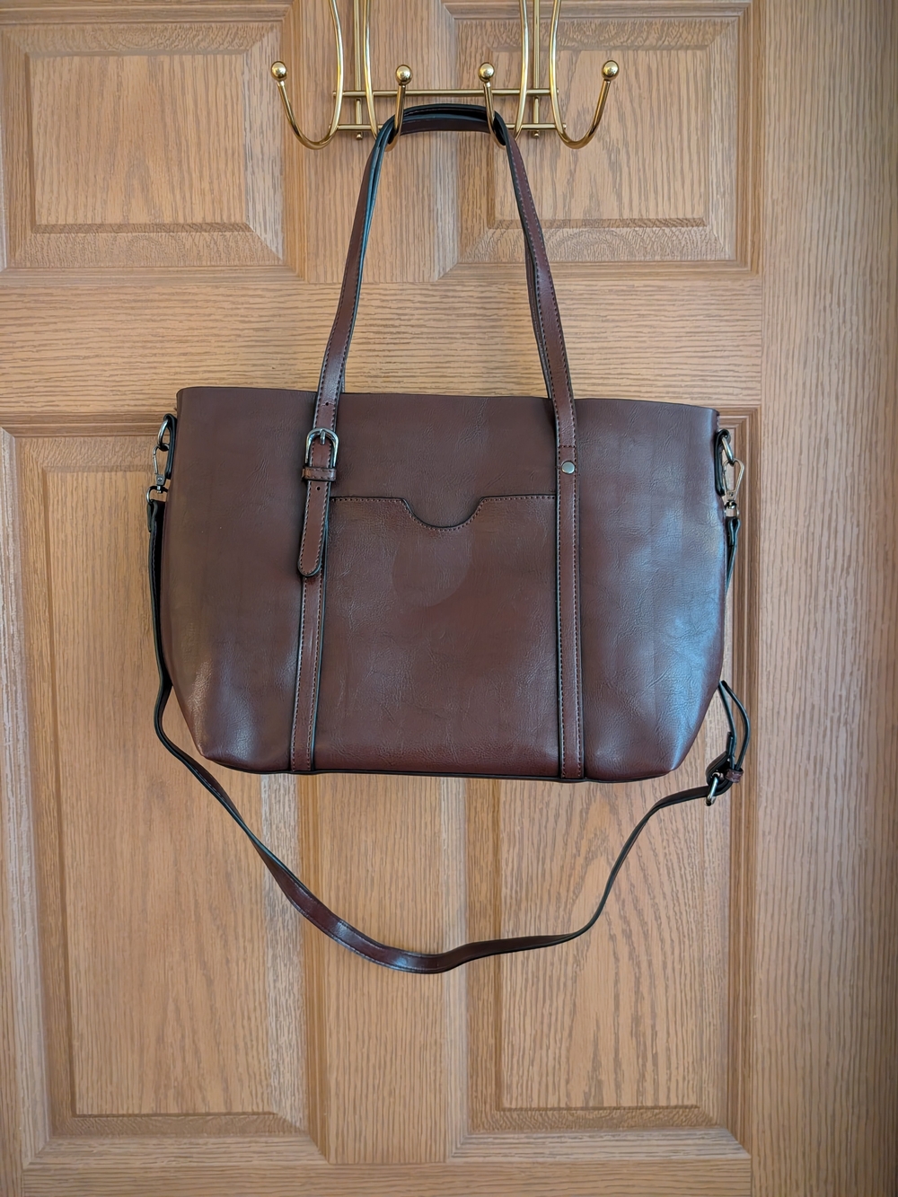 Vintage Dark Academia Brown Faux Leather Laptop Tote Bag Crossbody Work
